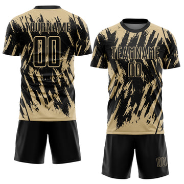 Custom Black-Vegas Gold Splatter Torn Sharp Brush Stroke Sublimation Soccer Uniform Jersey