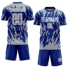 Загрузить изображение в средство просмотра галереи, Custom Royal Gray-White Splatter Torn Sharp Brush Stroke Sublimation Soccer Uniform Jersey

