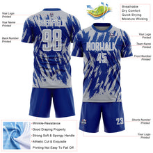 Загрузить изображение в средство просмотра галереи, Custom Royal Gray-White Splatter Torn Sharp Brush Stroke Sublimation Soccer Uniform Jersey
