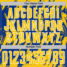 Загрузить изображение в средство просмотра галереи, Custom Royal Yellow-White Splatter Torn Sharp Brush Stroke Sublimation Soccer Uniform Jersey
