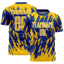 Загрузить изображение в средство просмотра галереи, Custom Royal Yellow-White Splatter Torn Sharp Brush Stroke Sublimation Soccer Uniform Jersey
