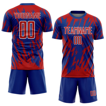 Custom Royal Red-White Splatter Torn Sharp Brush Stroke Sublimation Soccer Uniform Jersey