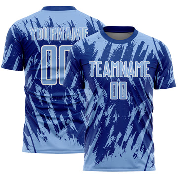 Custom Royal Light Blue-White Splatter Torn Sharp Brush Stroke Sublimation Soccer Uniform Jersey