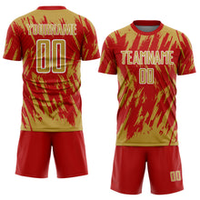 Загрузить изображение в средство просмотра галереи, Custom Red Old Gold-White Splatter Torn Sharp Brush Stroke Sublimation Soccer Uniform Jersey
