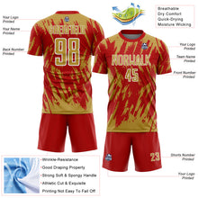 Загрузить изображение в средство просмотра галереи, Custom Red Old Gold-White Splatter Torn Sharp Brush Stroke Sublimation Soccer Uniform Jersey
