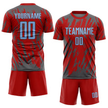 Load image into Gallery viewer, Custom Red Light Blue-Steel Gray Splatter Torn Sharp Brush Stroke Sublimation Soccer Uniform Jersey
