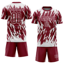 Load image into Gallery viewer, Custom Crimson-White Splatter Torn Sharp Brush Stroke Sublimation Soccer Uniform Jersey

