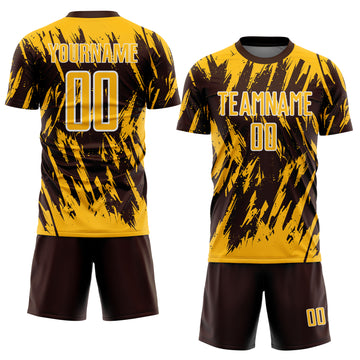 Custom Brown Gold-White Splatter Torn Sharp Brush Stroke Sublimation Soccer Uniform Jersey