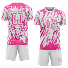 Load image into Gallery viewer, Custom White-Pink Splatter Torn Sharp Brush Stroke Sublimation Soccer Uniform Jersey
