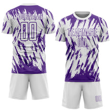Laden Sie das Bild in den Galerie-Viewer, Custom White-Purple Splatter Torn Sharp Brush Stroke Sublimation Soccer Uniform Jersey
