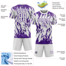 Laden Sie das Bild in den Galerie-Viewer, Custom White-Purple Splatter Torn Sharp Brush Stroke Sublimation Soccer Uniform Jersey
