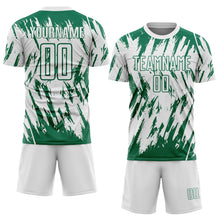 Laden Sie das Bild in den Galerie-Viewer, Custom White-Kelly Green Splatter Torn Sharp Brush Stroke Sublimation Soccer Uniform Jersey
