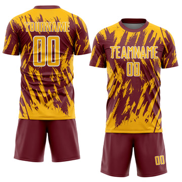 Custom Burgundy Gold-White Splatter Torn Sharp Brush Stroke Sublimation Soccer Uniform Jersey