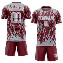 Загрузить изображение в средство просмотра галереи, Custom Burgundy Gray-White Splatter Torn Sharp Brush Stroke Sublimation Soccer Uniform Jersey
