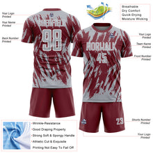 Загрузить изображение в средство просмотра галереи, Custom Burgundy Gray-White Splatter Torn Sharp Brush Stroke Sublimation Soccer Uniform Jersey
