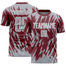 Загрузить изображение в средство просмотра галереи, Custom Burgundy Gray-White Splatter Torn Sharp Brush Stroke Sublimation Soccer Uniform Jersey
