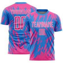 Load image into Gallery viewer, Custom Powder Blue Pink-White Splatter Torn Sharp Brush Stroke Sublimation Soccer Uniform Jersey
