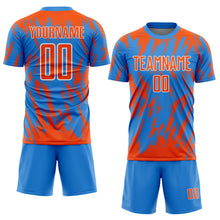Charger l'image dans la galerie, Custom Powder Blue Orange-White Splatter Torn Sharp Brush Stroke Sublimation Soccer Uniform Jersey
