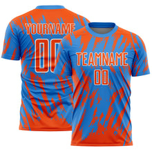 Charger l'image dans la galerie, Custom Powder Blue Orange-White Splatter Torn Sharp Brush Stroke Sublimation Soccer Uniform Jersey
