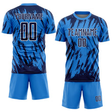 Charger l'image dans la galerie, Custom Powder Blue Navy-White Splatter Torn Sharp Brush Stroke Sublimation Soccer Uniform Jersey

