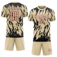 Загрузить изображение в средство просмотра галереи, Custom Cream Black-Crimson Splatter Torn Sharp Brush Stroke Sublimation Soccer Uniform Jersey

