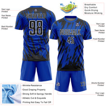 Laden Sie das Bild in den Galerie-Viewer, Custom Thunder Blue Black-White Splatter Torn Sharp Brush Stroke Sublimation Soccer Uniform Jersey
