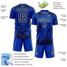 Load image into Gallery viewer, Custom Thunder Blue Navy-White Splatter Torn Sharp Brush Stroke Sublimation Soccer Uniform Jersey
