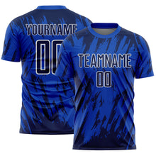 Load image into Gallery viewer, Custom Thunder Blue Navy-White Splatter Torn Sharp Brush Stroke Sublimation Soccer Uniform Jersey
