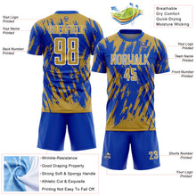 Charger l'image dans la galerie, Custom Thunder Blue Old Gold-White Splatter Torn Sharp Brush Stroke Sublimation Soccer Uniform Jersey
