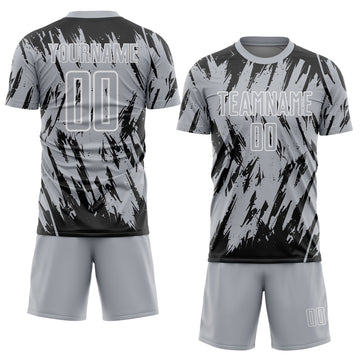 Custom Gray Black-White Splatter Torn Sharp Brush Stroke Sublimation Soccer Uniform Jersey