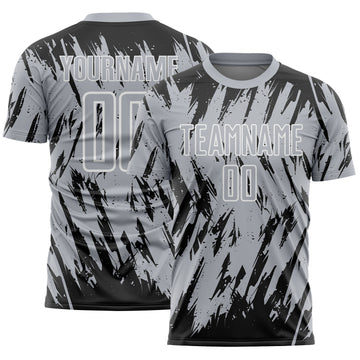 Custom Gray Black-White Splatter Torn Sharp Brush Stroke Sublimation Soccer Uniform Jersey