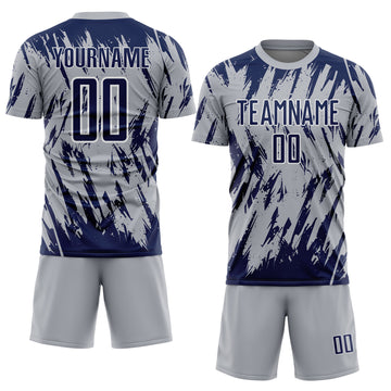 Custom Gray Navy-White Splatter Torn Sharp Brush Stroke Sublimation Soccer Uniform Jersey