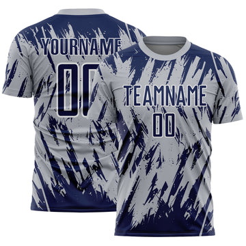 Custom Gray Navy-White Splatter Torn Sharp Brush Stroke Sublimation Soccer Uniform Jersey
