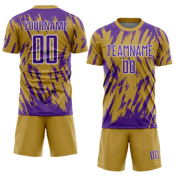 Custom Old Gold Purple-White Splatter Torn Sharp Brush Stroke Sublimation Soccer Uniform Jersey
