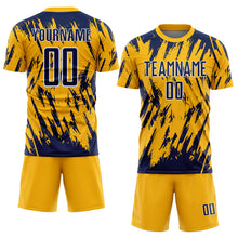 Charger l'image dans la galerie, Custom Gold Navy-White Splatter Torn Sharp Brush Stroke Sublimation Soccer Uniform Jersey
