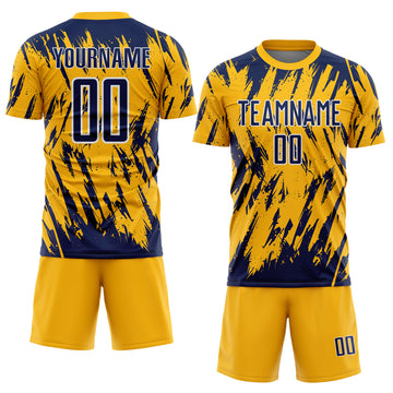 Custom Gold Navy-White Splatter Torn Sharp Brush Stroke Sublimation Soccer Uniform Jersey
