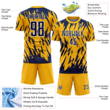 Charger l'image dans la galerie, Custom Gold Navy-White Splatter Torn Sharp Brush Stroke Sublimation Soccer Uniform Jersey
