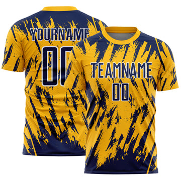 Custom Gold Navy-White Splatter Torn Sharp Brush Stroke Sublimation Soccer Uniform Jersey