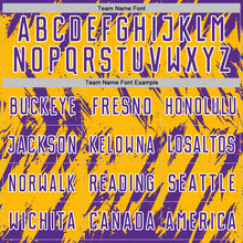 Load image into Gallery viewer, Custom Gold Purple-White Splatter Torn Sharp Brush Stroke Sublimation Soccer Uniform Jersey

