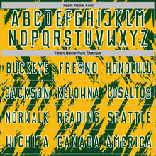 Laden Sie das Bild in den Galerie-Viewer, Custom Gold Green-White Splatter Torn Sharp Brush Stroke Sublimation Soccer Uniform Jersey
