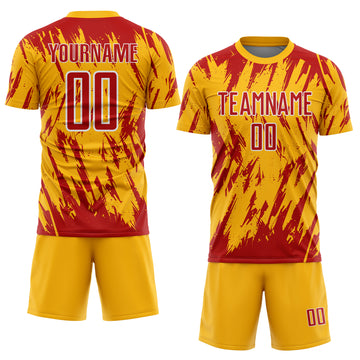 Custom Gold Red-White Splatter Torn Sharp Brush Stroke Sublimation Soccer Uniform Jersey