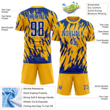 Загрузить изображение в средство просмотра галереи, Custom Gold Royal-White Splatter Torn Sharp Brush Stroke Sublimation Soccer Uniform Jersey
