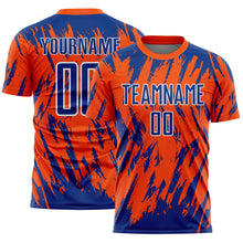 Загрузить изображение в средство просмотра галереи, Custom Orange Royal-White Splatter Torn Sharp Brush Stroke Sublimation Soccer Uniform Jersey
