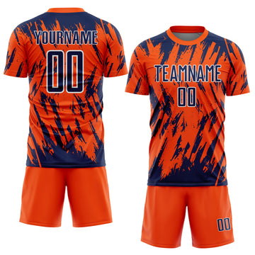 Custom Orange Navy-White Splatter Torn Sharp Brush Stroke Sublimation Soccer Uniform Jersey