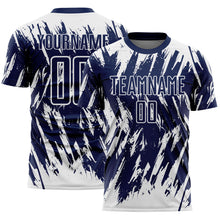 Load image into Gallery viewer, Custom Navy-White Splatter Torn Sharp Brush Stroke Sublimation Soccer Uniform Jersey
