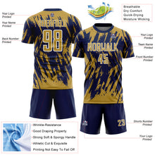 Laden Sie das Bild in den Galerie-Viewer, Custom Navy Old Gold-White Splatter Torn Sharp Brush Stroke Sublimation Soccer Uniform Jersey
