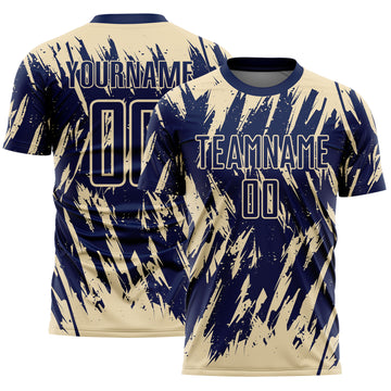 Custom Navy-Cream Splatter Torn Sharp Brush Stroke Sublimation Soccer Uniform Jersey