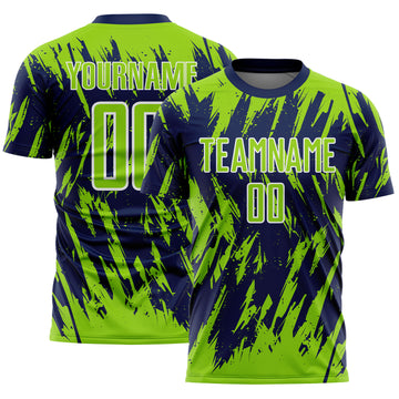 Custom Navy Neon Green-White Splatter Torn Sharp Brush Stroke Sublimation Soccer Uniform Jersey