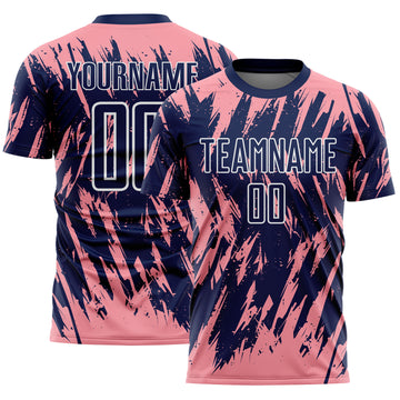 Custom Navy Medium Pink-White Splatter Torn Sharp Brush Stroke Sublimation Soccer Uniform Jersey