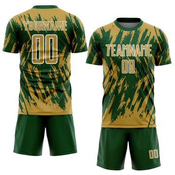 Custom Green Old Gold-White Splatter Torn Sharp Brush Stroke Sublimation Soccer Uniform Jersey